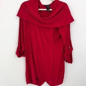 Ali Miles Womens Tunic Top Blouse Size L Lagenlook Artsy Flowy Roll Tab Red